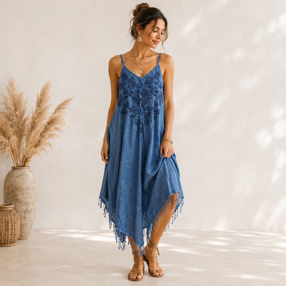 Pacific & Co. Sleeveless Embroidered Rayon Sun Dress Women's Size S Blue Coastal